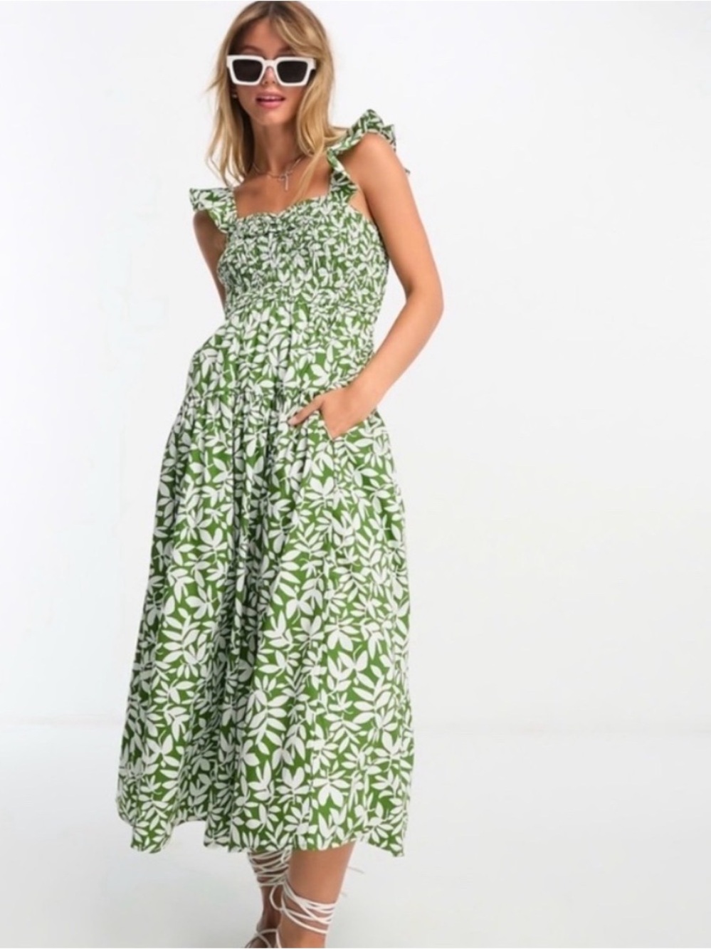 Abercrombie & Fitch Green and White Floral Midi Dress